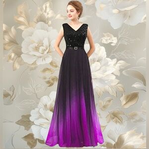 Elegant Black and Purple Ombre Evening Gown